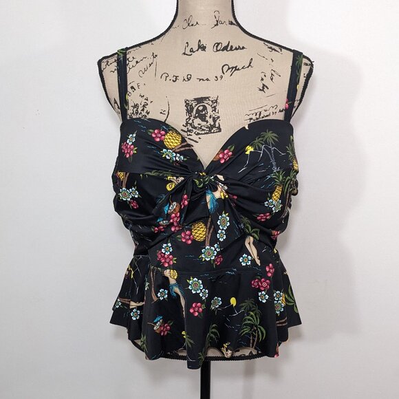 Torrid Black Hula Girl Tie Front Underwire Tankini Swimsuit Top Size 1F - Picture 1 of 12